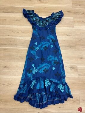Blue Tropical Off-Shoulder High-Low Dress